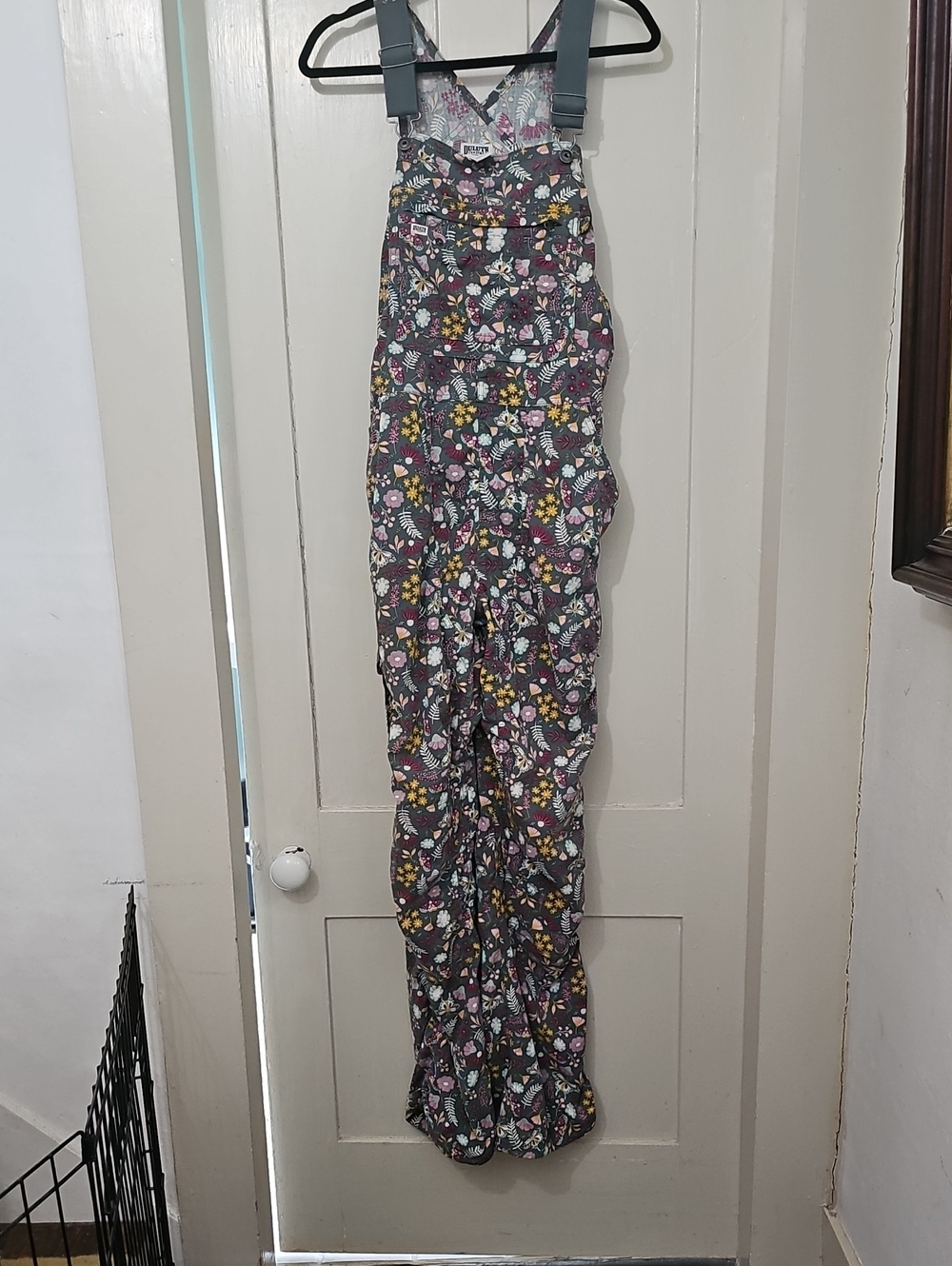 Duluth Trading Co Floral Tall Overalls Gray,Pink & Yellow Flowers Medium 35